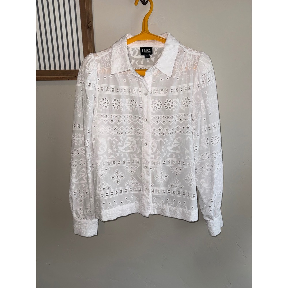 INC International Concepts White Eyelet Cotton Button Down PM Petite‎ Medium